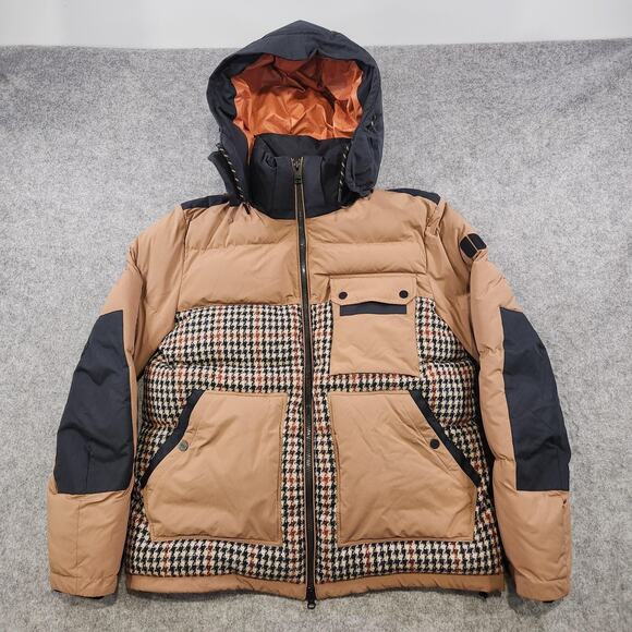 Duno Jacket Mens L? Brown Plaid Hooded Puffer Winter Coat Down Insulated Warm - Picture 2 of 16